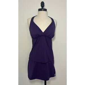 LANDS' END Purple Eggplant 2 piece Swimsuit Tankini Skirt Built-In Bra Womens 8